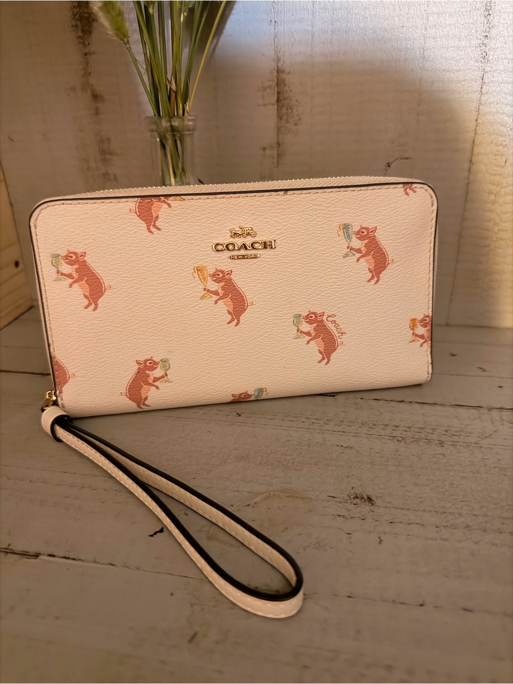 Coach white Pig-Print Zip Wristlet Wallet